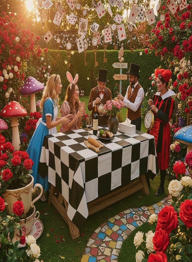 BRALEO Alice Party Decorations,Wonderland Theme Party Table Cover, Black and White PVC Tablecloth,Garden Checkered Tea Party Decoration Cloth Rectangula 55"X98" - Image 4