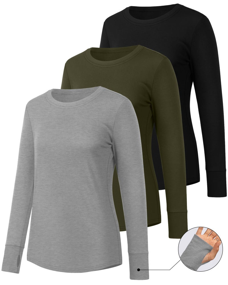 Huukeay 3 Pack Women's Long Sleeve Shirts with Thumb Holes, Cotton Casual Crew Neck Tunic Tops Fall Loose Y2k Trendy Outfits(Black, Grey, Army Green,L) - Image 3