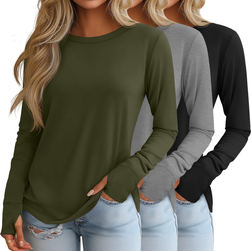 Huukeay 3 Pack Women's Long Sleeve Shirts with Thumb Holes, Cotton Casual Crew Neck Tunic Tops Fall Loose Y2k Trendy Outfits(Black, Grey, Army Green,L) - Image 1