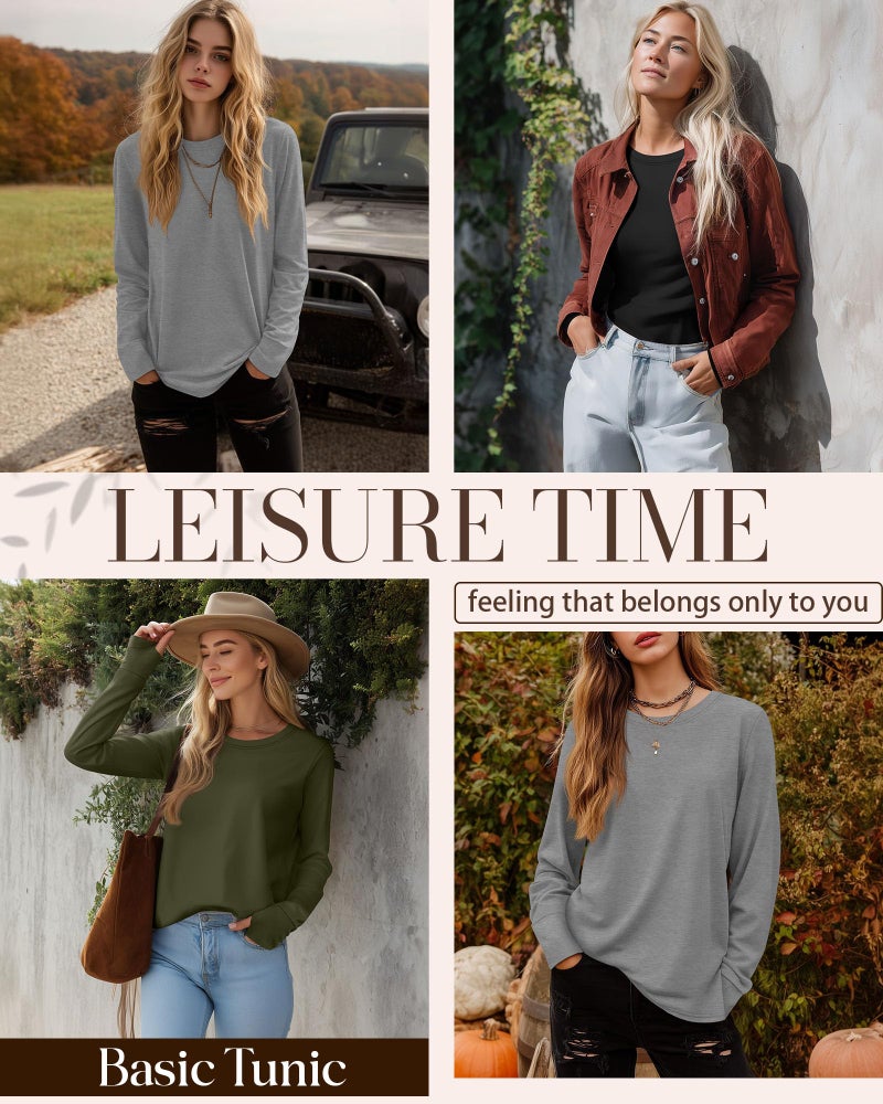 Huukeay 3 Pack Women's Long Sleeve Shirts with Thumb Holes, Cotton Casual Crew Neck Tunic Tops Fall Loose Y2k Trendy Outfits(Black, Grey, Army Green,L) - Image 4