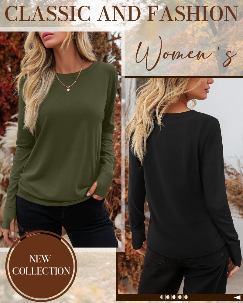 Huukeay 3 Pack Women's Long Sleeve Shirts with Thumb Holes, Cotton Casual Crew Neck Tunic Tops Fall Loose Y2k Trendy Outfits(Black, Grey, Army Green,L) - Image 2