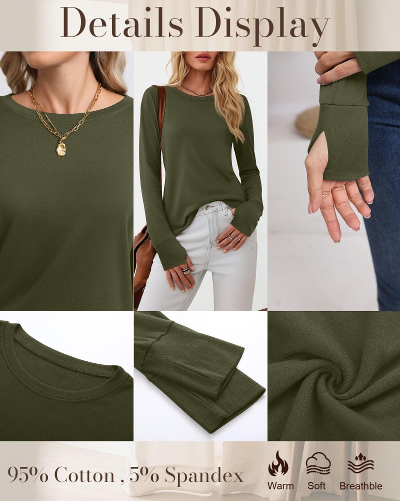 Huukeay 3 Pack Women's Long Sleeve Shirts with Thumb Holes, Cotton Casual Crew Neck Tunic Tops Fall Loose Y2k Trendy Outfits(Black, Grey, Army Green,L) - Image 5