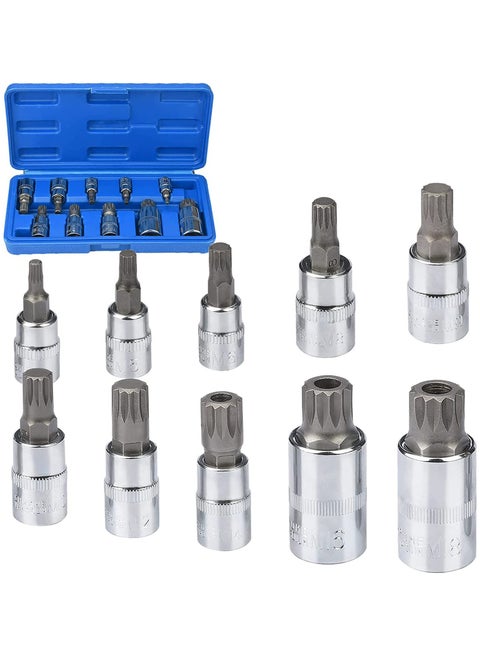 Spline Socket Bit Set 10pcs Square Triple Silver M4 - M18