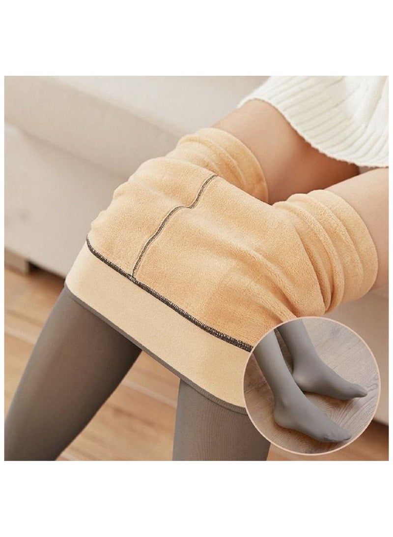 جوارب حرارية نسائية مبطنة بالفرو، شفافة، بتصميم سحري مزدوج الطبقات، قابلة للتمدد، مصنوعة من الصوف الحراري، لون بيج ، تغطي القدم بالكامل مقاس L - Image 4