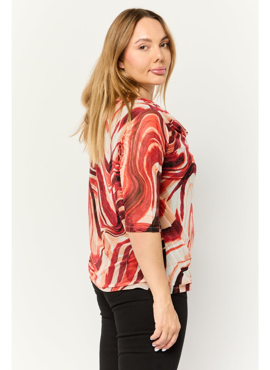 Cyrus - Women Cowl Neck Short Sleeves Printed Blouse, Multicolor - Image 1
