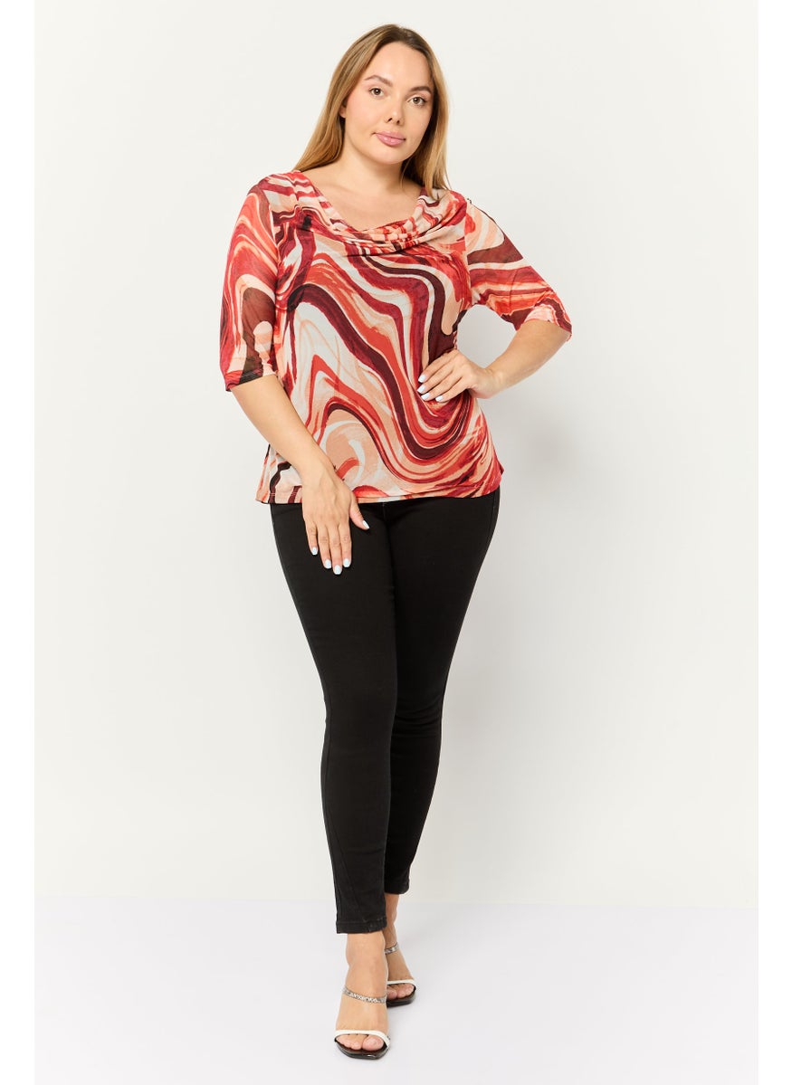 Cyrus - Women Cowl Neck Short Sleeves Printed Blouse, Multicolor - Image 1