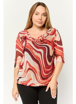 Women Cowl Neck Short Sleeves Printed Blouse, Multicolor