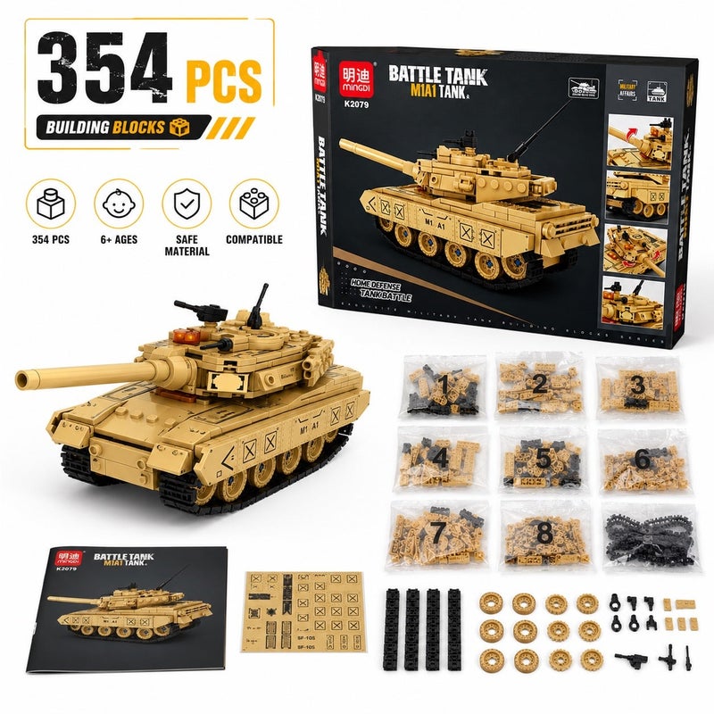 MingDi M1A1 Battle Tank Building Blocks Set - 354 PCS Military Tank Model Kit - Construction Toy for Kids Age 6+ - Educational STEM Building Bricks - Army Tank Model - Gift for Boys & Girls - Image 2