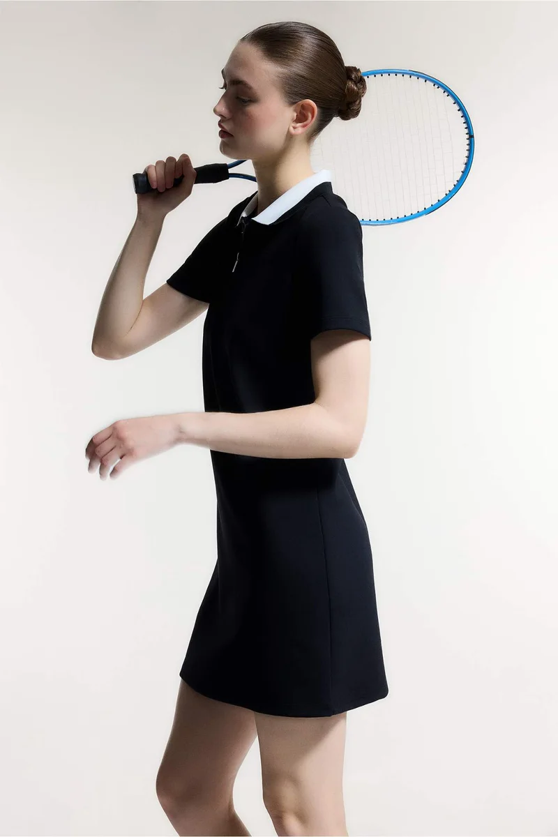 DeFacto Standard Fit Polo Collar Basic Mini Dress