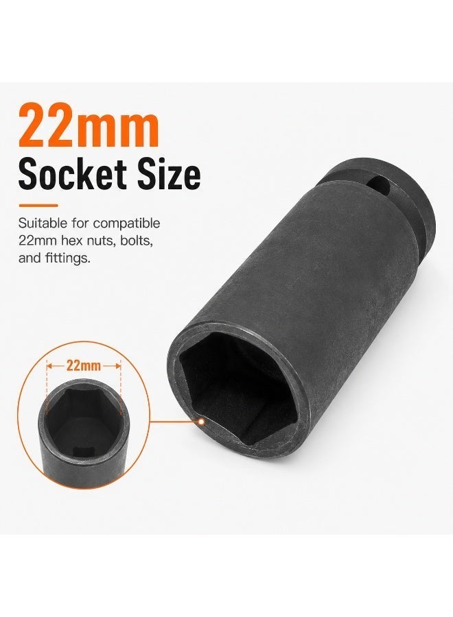 22mm Deep Impact Socket, 1/2 Inch Drive, Long Cr-Mo Steel Socket for Impact Wrench, Ratchet, Auto Repair, Garage & Workshop - Image 2