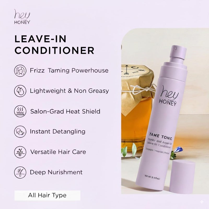 Hey Honey Tame Tonic Honey & Argan Oil Leave-In Conditioner Spray | Frizzâ€‘Taming, Heatâ€‘Protect & Shineâ€‘Boost | Infused with Keratin & Bee Propolis, Sulfate & Paraben Free â€“ 150â€¯mL (5â€¯oz) - Image 2