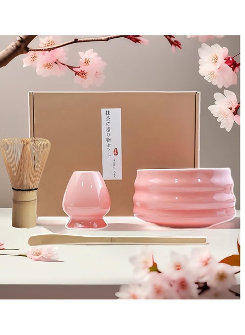 4 Piece Matcha Set, Traditional Handmade Tea Tool with Ceramic Bowl, Scoop, Prong Bamboo Matcha Whisk and Holder