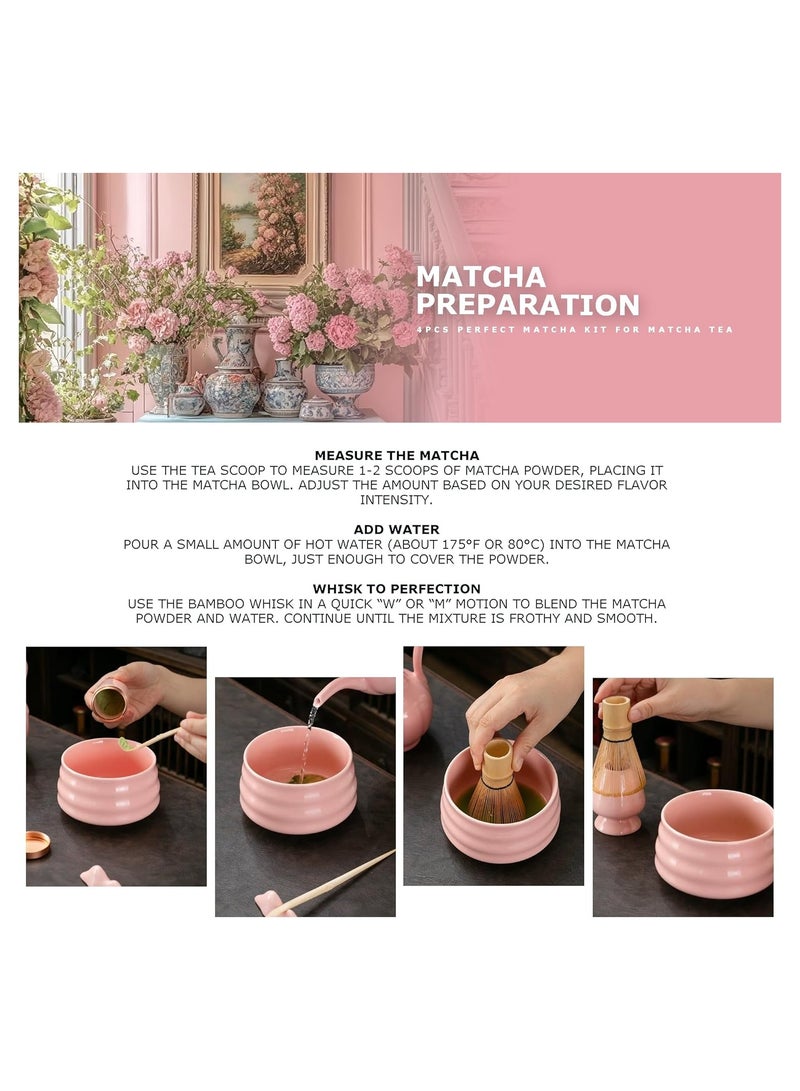 WinHolder طقم ماتشا مكون من 4 قطع، أداة شاي تقليدية مصنوعة يدويًا مع وعاء سيراميك، مغرفة، خفاقة ماتشا من الخيزران مع حامل - Image 4