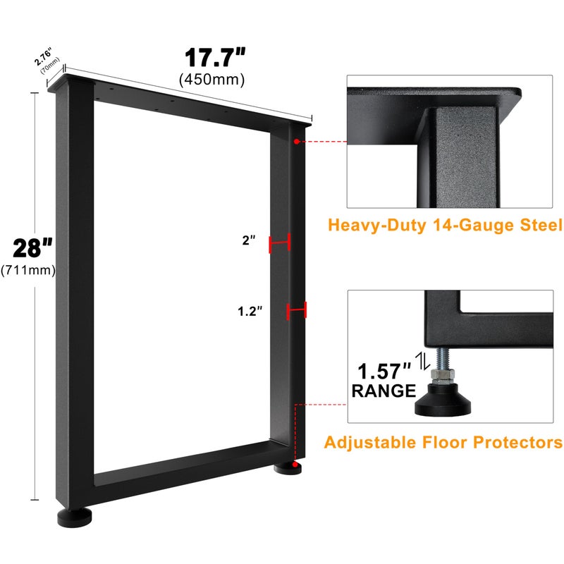 CHICAURA Heavy Duty Metal Table Legs 28x18 Inch, Modern Industrial Steel Square Frame for DIY Dining Table, Kitchen Table Base, Desk, Console, Supports 1000lbs(True 14-Gauge Steel), Set of 2 (Black) - Image 4