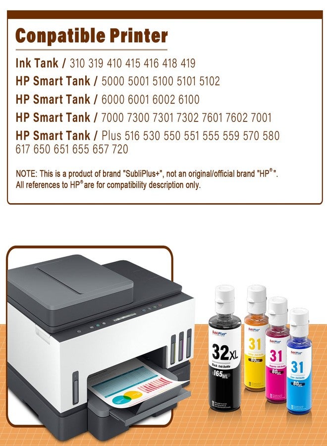 SubliPlus+ 32XL Black Ink Bottle 31 Ink Bottle Set Compatible Replacement for HP Smart Tank Printer 6001 7602 7301 5100 5101 5000 5102 757 7601 755 7601 6002 7302 7001, Smart Tank Plus 651 551 Ink Refill - Image 2
