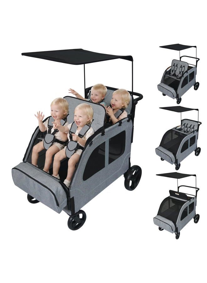JULYSHILIU Car-Shaped Large 4 Seater Stroller Wagon for 2 3 Kids Toddler Child Foldable All-Terrain Triple Quad Wagon with Removable Canopy, 5-Point Harness, Storage Bag Shopping Outdoor (Light Grey) - Image 1