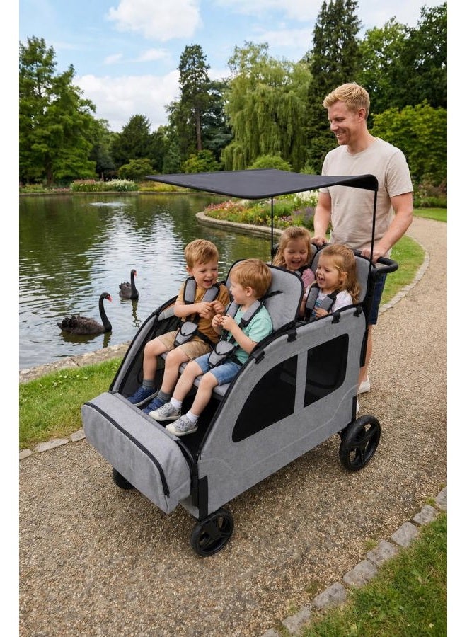 JULYSHILIU Car-Shaped Large 4 Seater Stroller Wagon for 2 3 Kids Toddler Child Foldable All-Terrain Triple Quad Wagon with Removable Canopy, 5-Point Harness, Storage Bag Shopping Outdoor (Light Grey) - Image 2