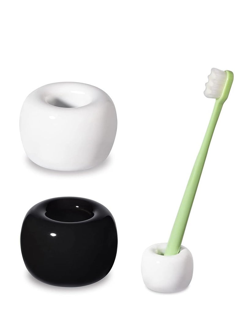 Oasisgalore 2 Pack Black, White Handmade Mini Ceramic Toothbrush Holder Stand for Bathroom, Couples' Shaver Holder.  - Image 1