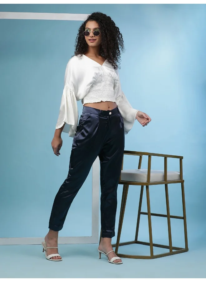 مرفوعة Navy Women Tapered Casual Solid Regular Tapered Pants