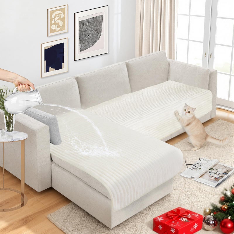NAISI Couch Covers for Dogs Waterproof Flannel Striped Sofa Cover Pet Friendly Washable Dog Mat for Couch Anti Slip Sectional Sofa Slipcover Protector(2pcs/35"x63"+35"x70",Cream) - Image 1
