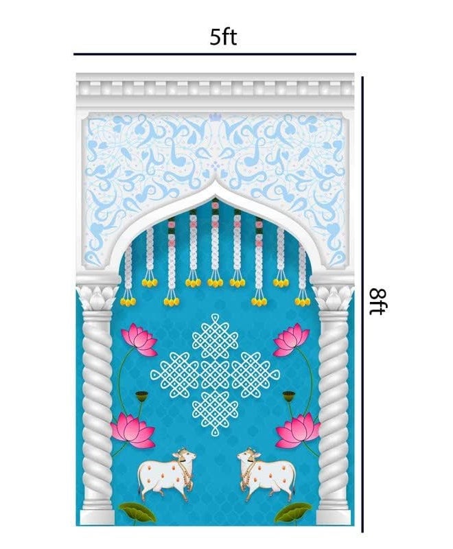 S2S ستارة تقليدية أنيقة 2 دهنو مع خلفية زهور | لتزيين البوجا ستارة خلفية تقليدية | ارتفاع 8 أقدام وعرض 5 أقدام - Image 2
