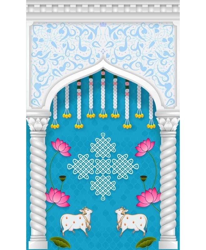 S2S ستارة تقليدية أنيقة 2 دهنو مع خلفية زهور | لتزيين البوجا ستارة خلفية تقليدية | ارتفاع 8 أقدام وعرض 5 أقدام - Image 1