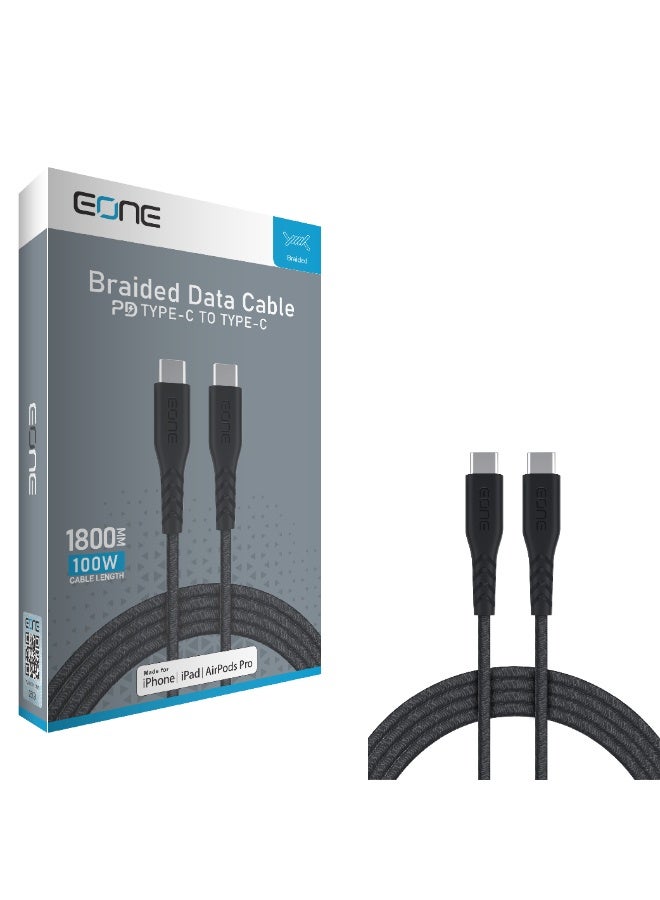 EONE USB-C to USB-C Cable 1.8M Black, Fast Charging Type-C Cable, Nylon Braided Durable Cable for Phones, Tablets & Laptops - Image 2