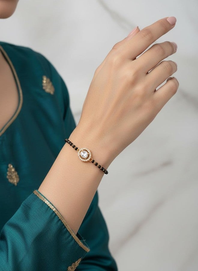 JHB American Diamond Single Boll and Cubic Zirconia Mangalsutra Bracelet Black Bead Bracelet For Women's - Image 3
