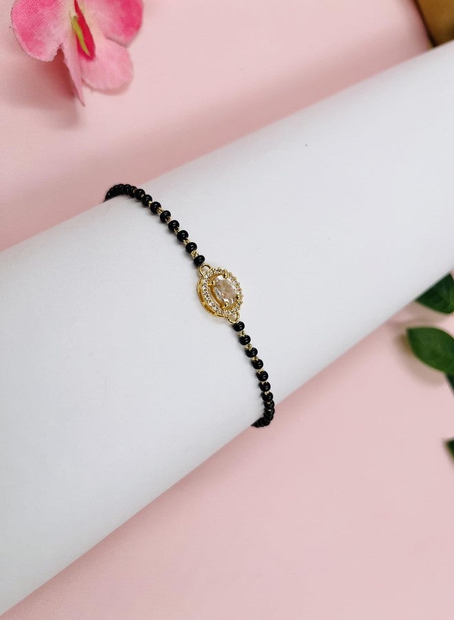 JHB American Diamond Single Boll and Cubic Zirconia Mangalsutra Bracelet Black Bead Bracelet For Women's - Image 2