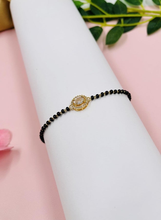 JHB American Diamond Single Boll and Cubic Zirconia Mangalsutra Bracelet Black Bead Bracelet For Women's - Image 4