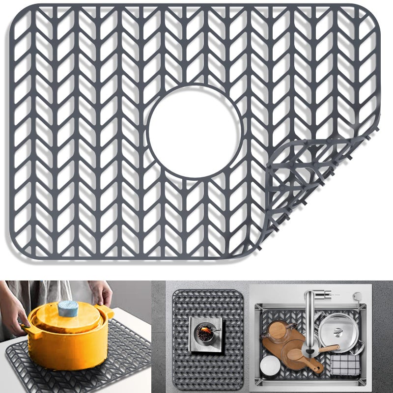 Jiubar Sink Protectors For Kitchen Sink 12"" 13"" 16"" 18"" 19"" 24"" 26"" 28"" 29"" Silicone Sink Mat| Silicone Kitchen Sink Mat Grid For Bottom Of Farmhouse Stainless Steel(18.2""X 12.5""Gray) - Image 1