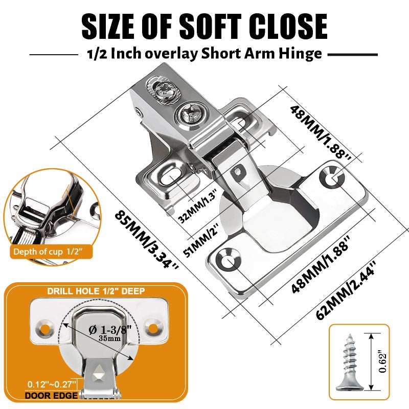 BESTEEL 24 Pack 1/2 inch Overlay Soft Close Cabinet Door Hinges for Kitchen Cabinet Hinges, 100 Degree Opening Angel, Stainless Concealed Kitchen Cabinets Hinge Self Closing with Drilling Tool &Manual - Image 2