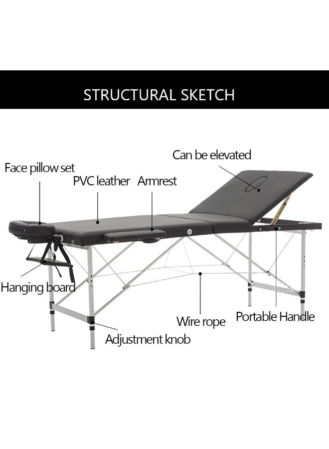 Portable Massage Bed - 73 Inch Foldable Massage Table with Adjustable Pillow for Spa Massage Facial Tattoo Therapeutic, 3 Folding, Aluminum Alloy Frame, Height Adjustable, Black, KH-308 - Image 3