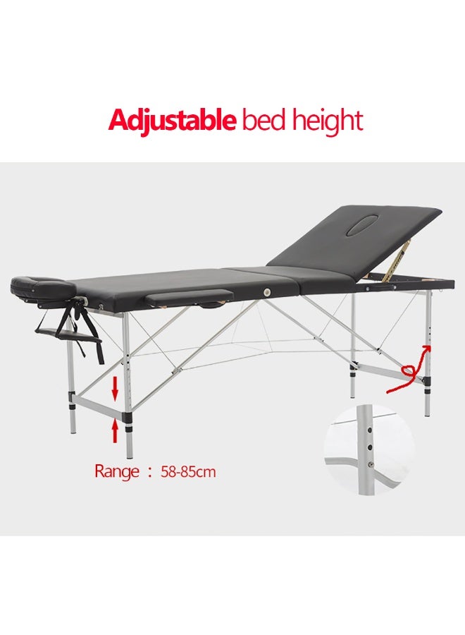 Portable Massage Bed - 73 Inch Foldable Massage Table with Adjustable Pillow for Spa Massage Facial Tattoo Therapeutic, 3 Folding, Aluminum Alloy Frame, Height Adjustable, Black, KH-308 - Image 4