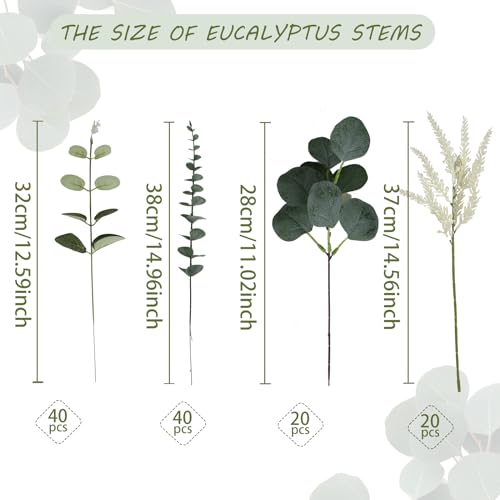 Coreland Artificial Eucalyptus Leaves Stems 120 Pcs 4 Kinds Mixed Fake Silver Dollar Eucalyptus Leaves Stem Bulk Faux Leaf for DIY Bouquets Floral Arrangement Wedding Home Decor - Image 2