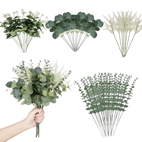 Coreland Artificial Eucalyptus Leaves Stems 120 Pcs 4 Kinds Mixed Fake Silver Dollar Eucalyptus Leaves Stem Bulk Faux Leaf for DIY Bouquets Floral Arrangement Wedding Home Decor - Image 1