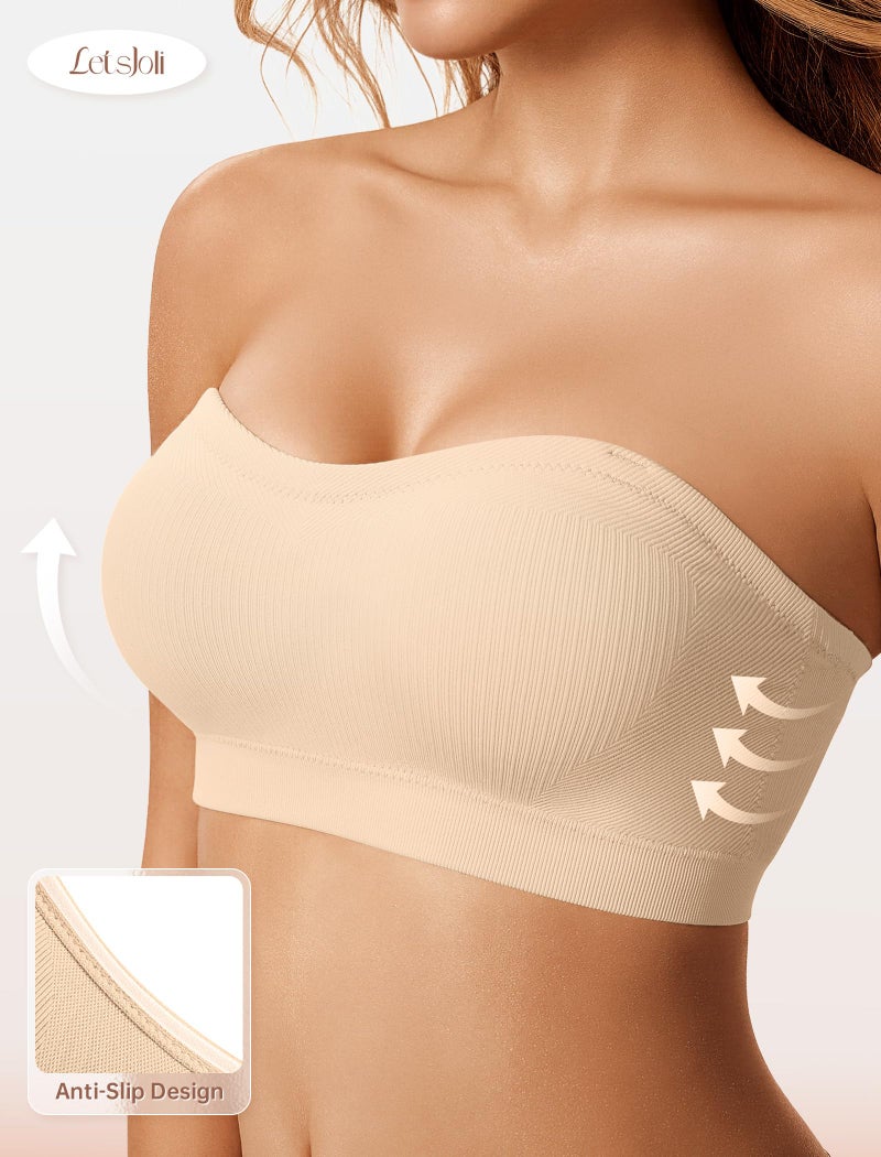 LetsJoli Push Up Strapless Bras for Women Tube Top Bra Supportive Bandeau Bra Non Slip Wireless No Underwire Padded Bralettes(Beige,L) - Image 2