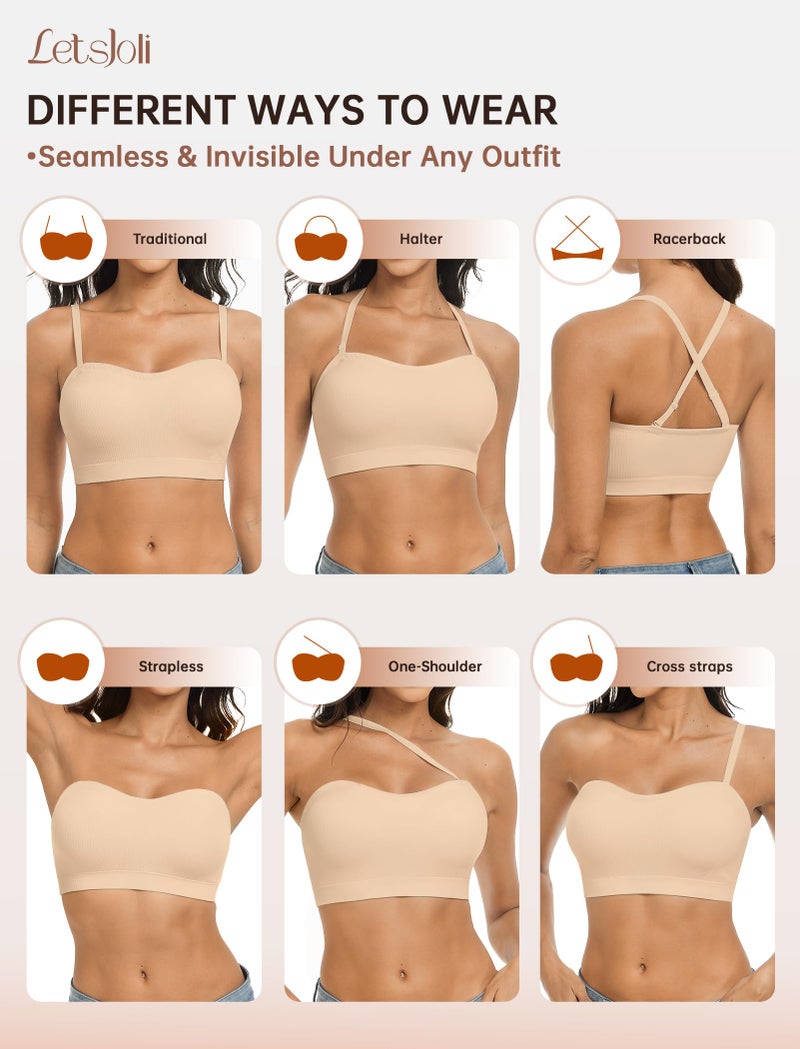 LetsJoli Push Up Strapless Bras for Women Tube Top Bra Supportive Bandeau Bra Non Slip Wireless No Underwire Padded Bralettes(Beige,L) - Image 5