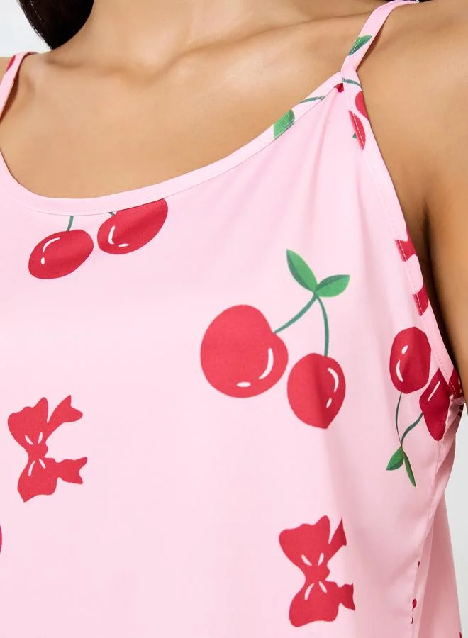 Styli  Cherry Print Cami and Ruffle Hem Shorts Set for Women | Best Price UAE
