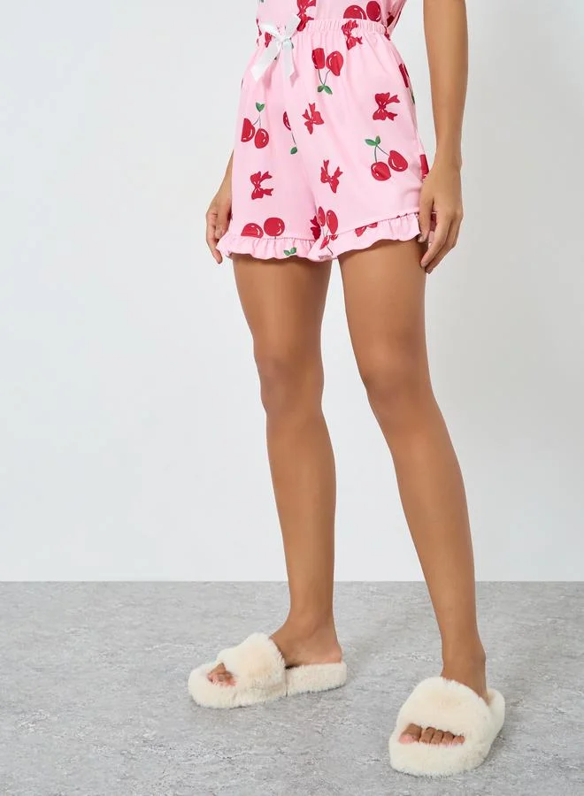 Styli  Cherry Print Cami and Ruffle Hem Shorts Set for Women | Best Price UAE