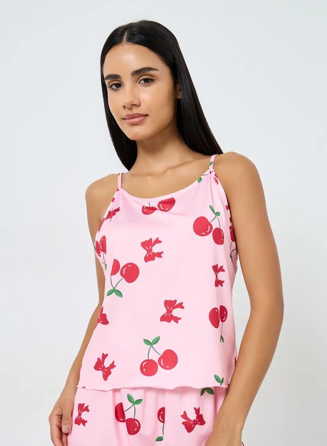 Styli Cherry Print Cami and Ruffle Hem Shorts Set