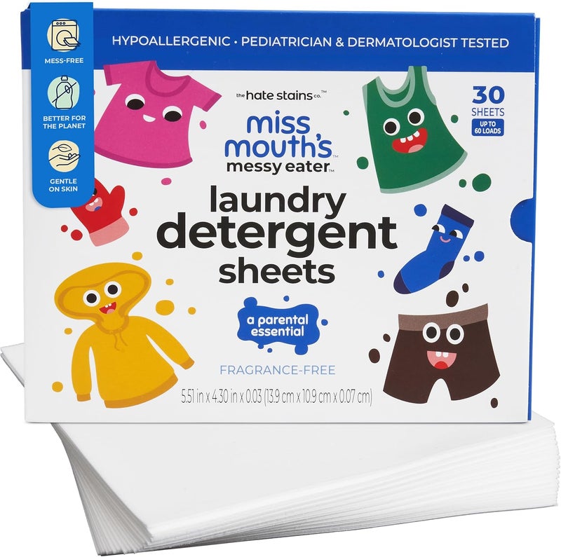 Messy Eater Laundry Detergent Sheets - 60 Loads, Hypoallergenic and Fragrance-Free - Image 1