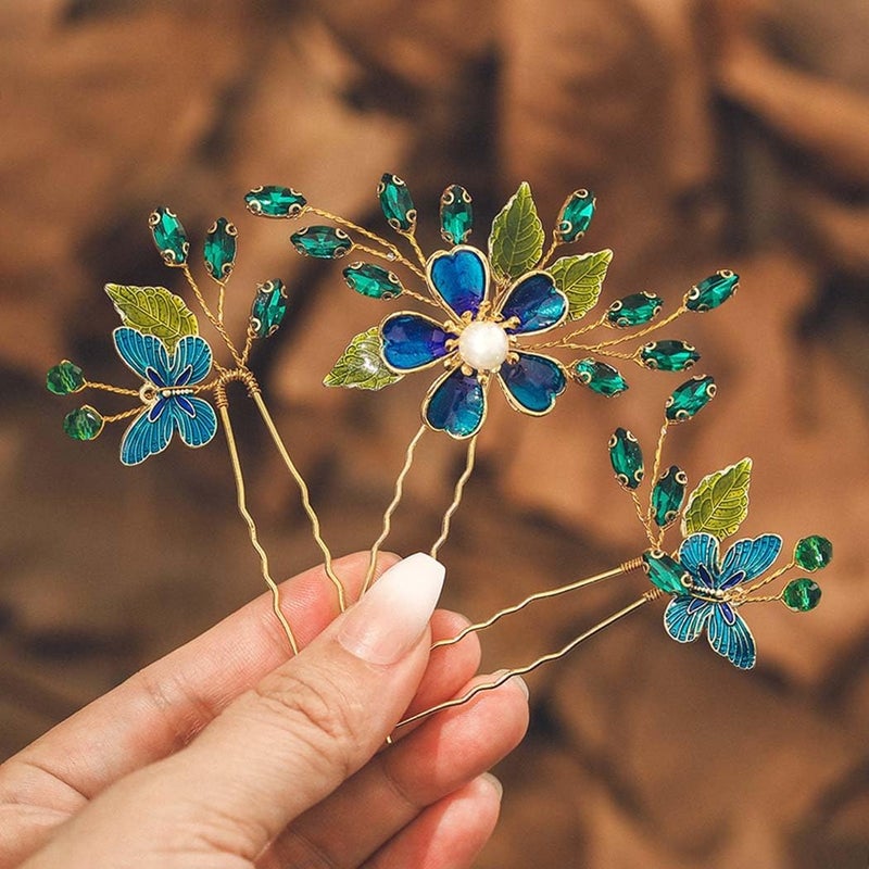 IYOU Baroque Wedding Hair Pins Green Flower Bridal Hair Piece Butterfly Leaves Guest Prom Bridesmaid Hair accessories for WomenPack of 3