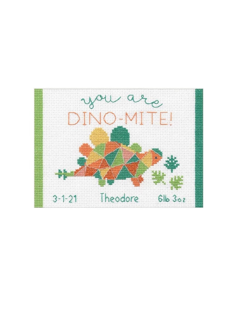 Cross Counted Cross Stitch Kit 7in x 5in Dino-Mite Birth Record - Image 2