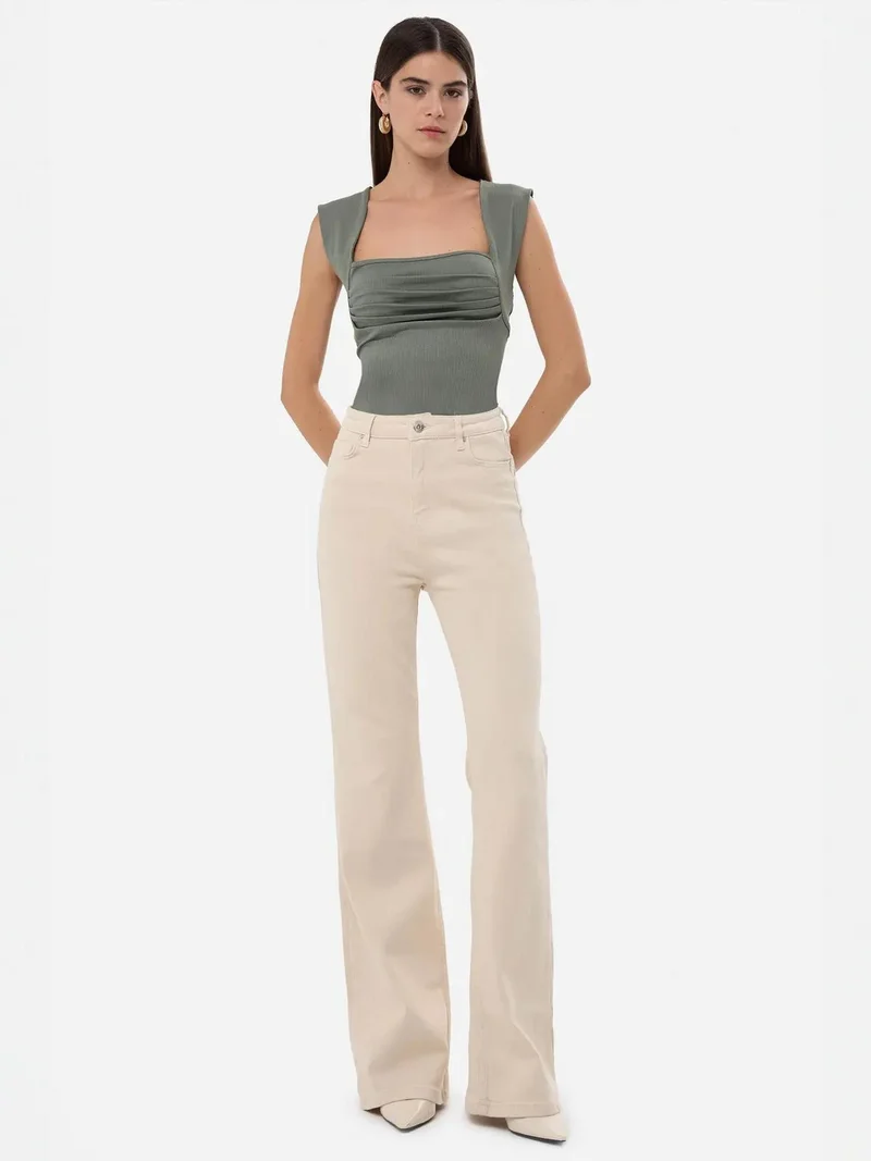 Hiccup Khaki Green Ruched Square-Neck Blouse for Women | Best Price UAE