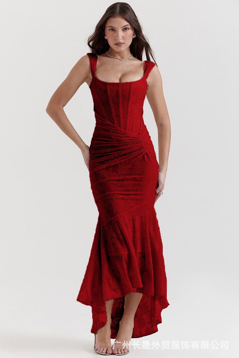 Autumn New Batch Square Collar Elastic Net Jacquard Pleated Sleeveless Fishtail Strap Dress - Image 1