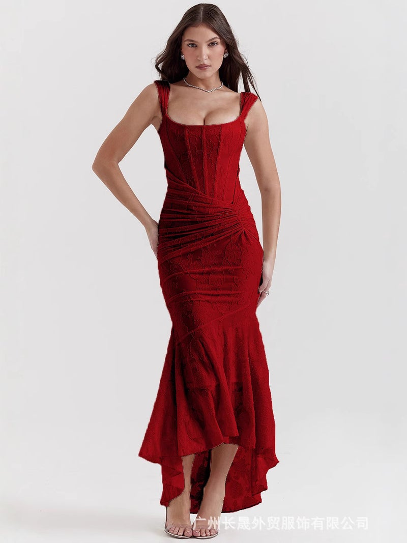Autumn New Batch Square Collar Elastic Net Jacquard Pleated Sleeveless Fishtail Strap Dress - Image 5