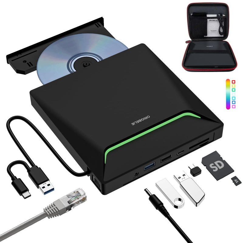 ORIGBELIE New External CD DVD Drive, Cool DVD Burner USB 3.0 with Ethernet Adapter, 3 USB and 2 TF/SD Card Ports, CD DVD Player Reader Writer Optical Disc Drive for Laptop PC Windows Mac with Carrying Case - Image 1