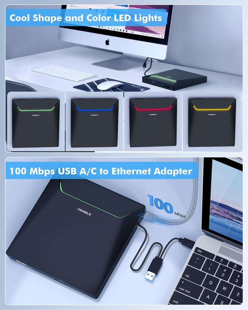 ORIGBELIE New External CD DVD Drive, Cool DVD Burner USB 3.0 with Ethernet Adapter, 3 USB and 2 TF/SD Card Ports, CD DVD Player Reader Writer Optical Disc Drive for Laptop PC Windows Mac with Carrying Case - Image 5