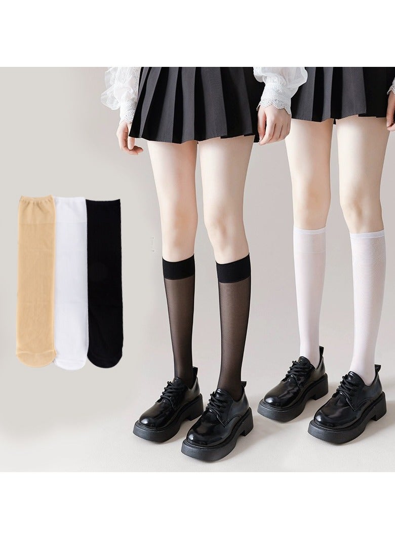 دوجويك جوارب نسائية صيفية على طراز الباليه، جوارب أنبوبية متوسطة الطول، جوارب يابانية من الحرير المنسوج، جوارب فوق الركبة، جوارب رفيعة مرنة شفافة بلون واحد (3 أزواج، متعدد الألوان) - Image 1